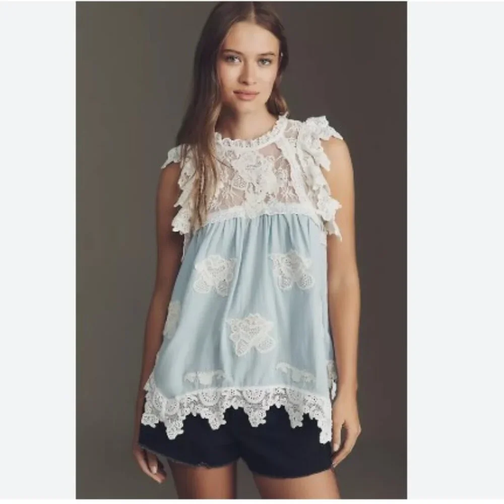 By Anthropologie Lace Appliqué Swing Top in Ivory Pattern - Size Small - NWT - Picture 1 of 7